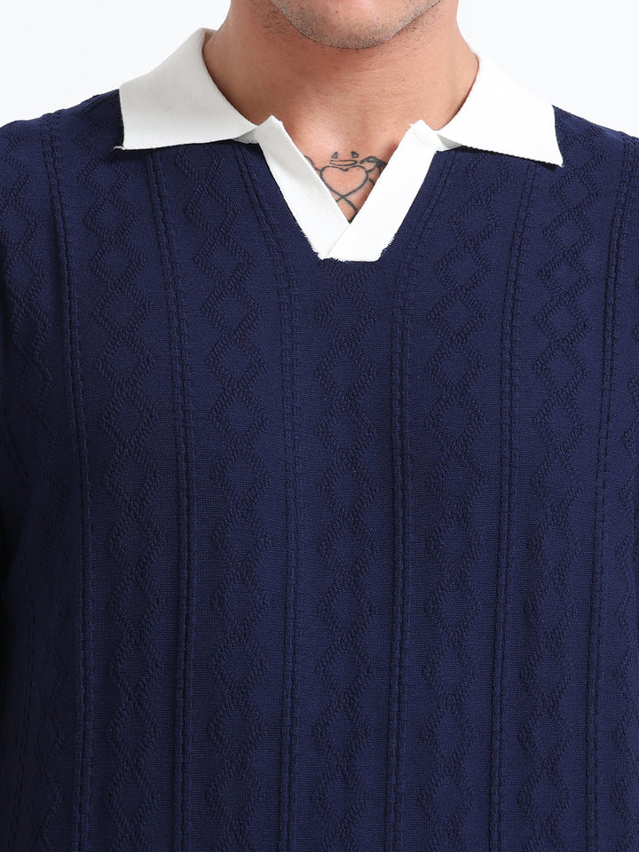 Men's Knitted Polo T Shirt - Blue