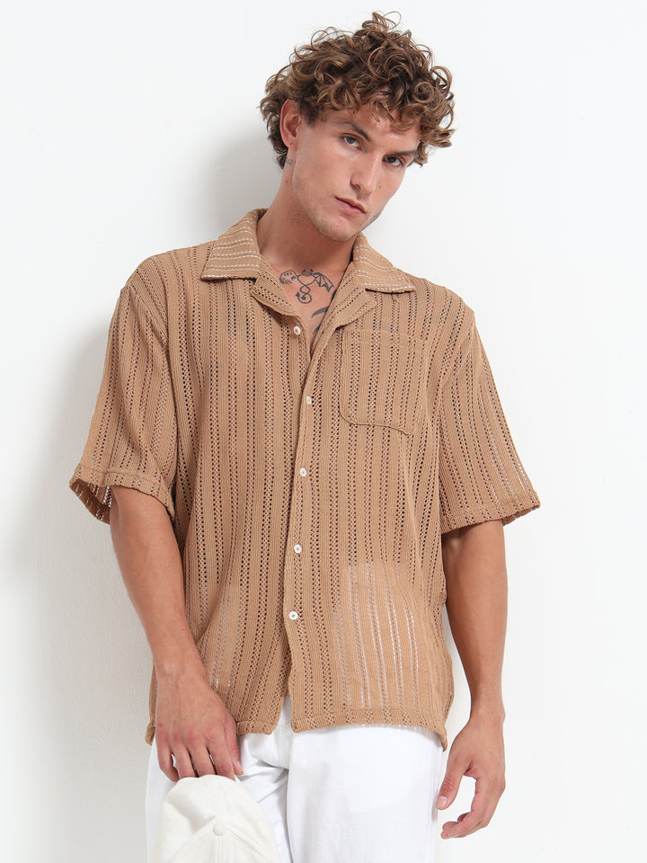 Vertical Stripe Crochet Mesh Shirt - Khaki