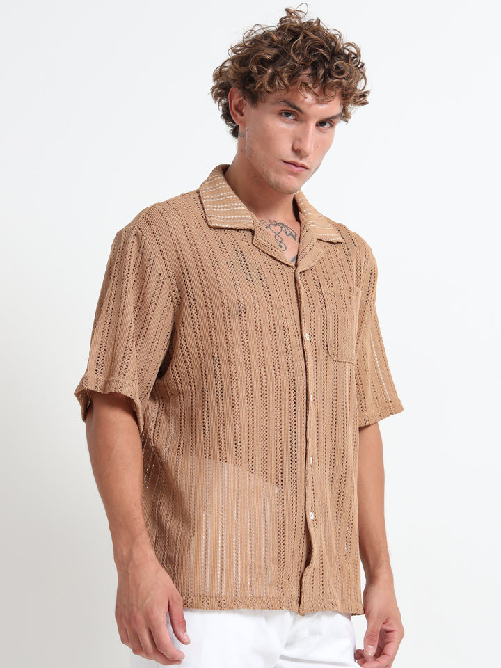 Vertical Stripe Crochet Mesh Shirt - Khaki