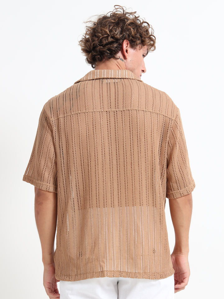 Vertical Stripe Crochet Mesh Shirt - Khaki