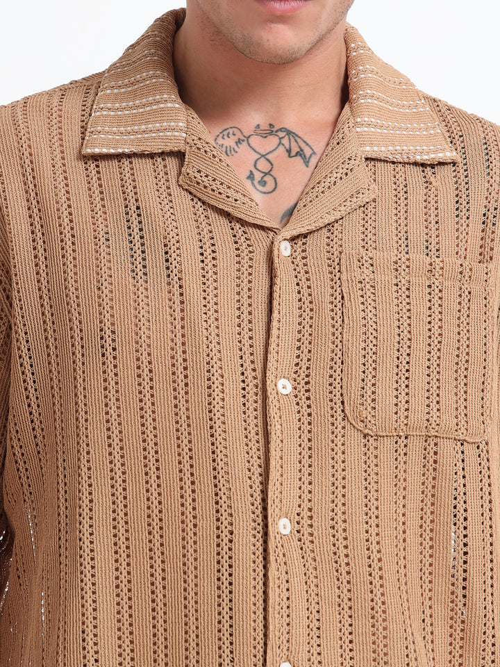 Vertical Stripe Crochet Mesh Shirt - Khaki
