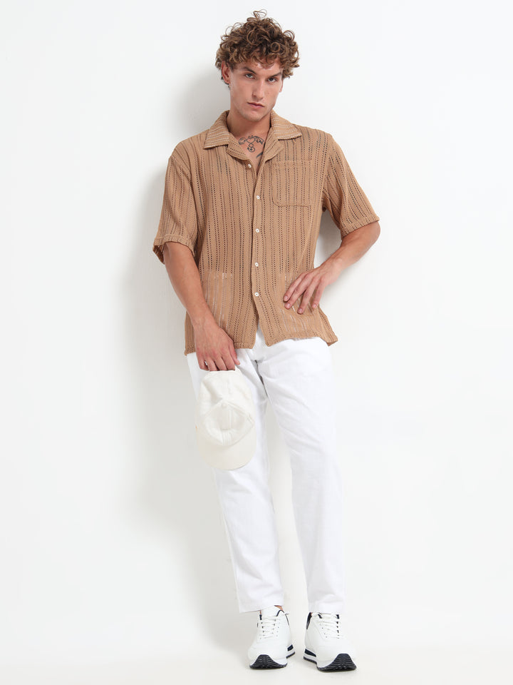Vertical Stripe Crochet Mesh Shirt - Khaki