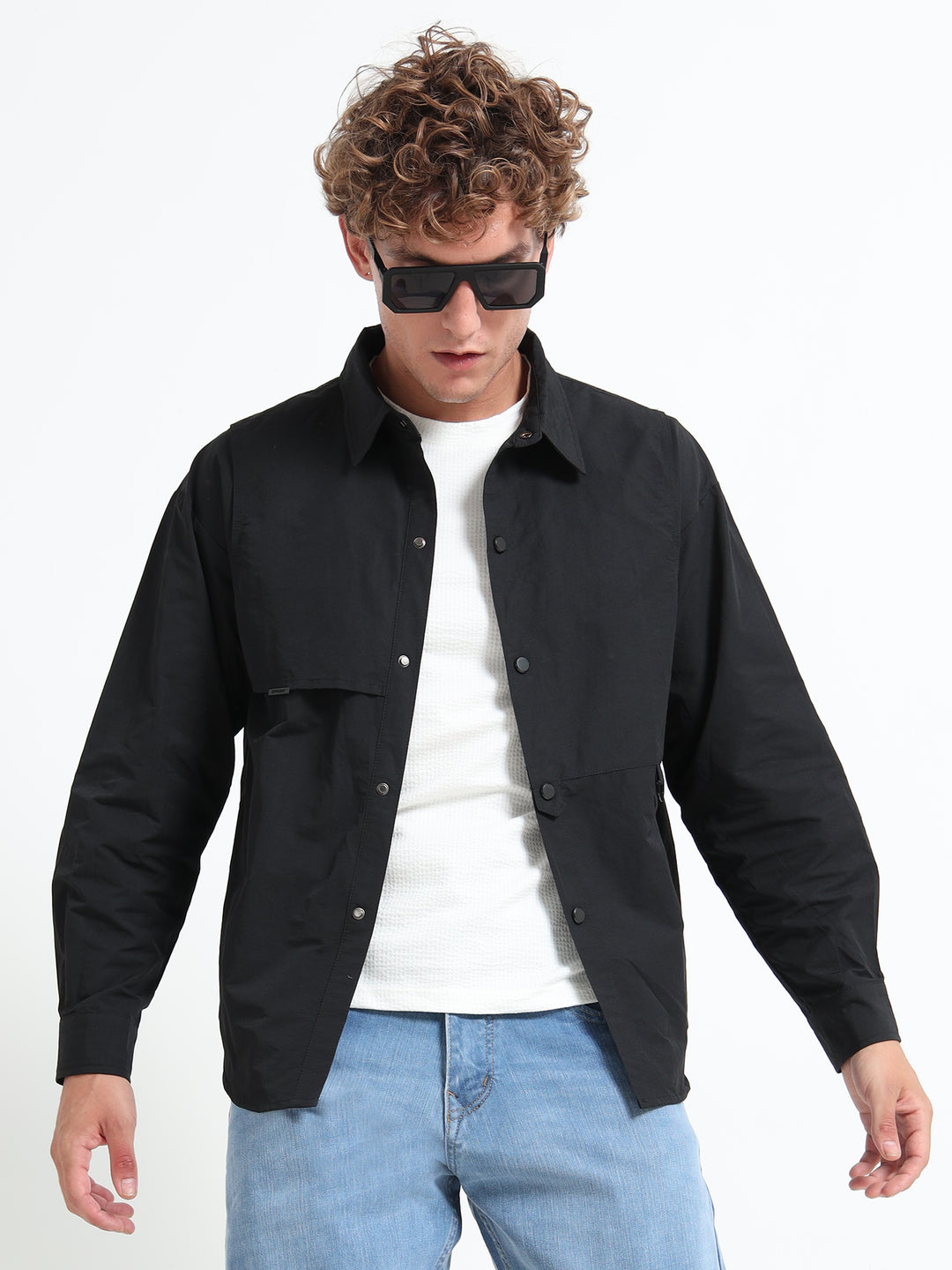 Lightweight Long Sleeve Snap-Front Overshirt – Black