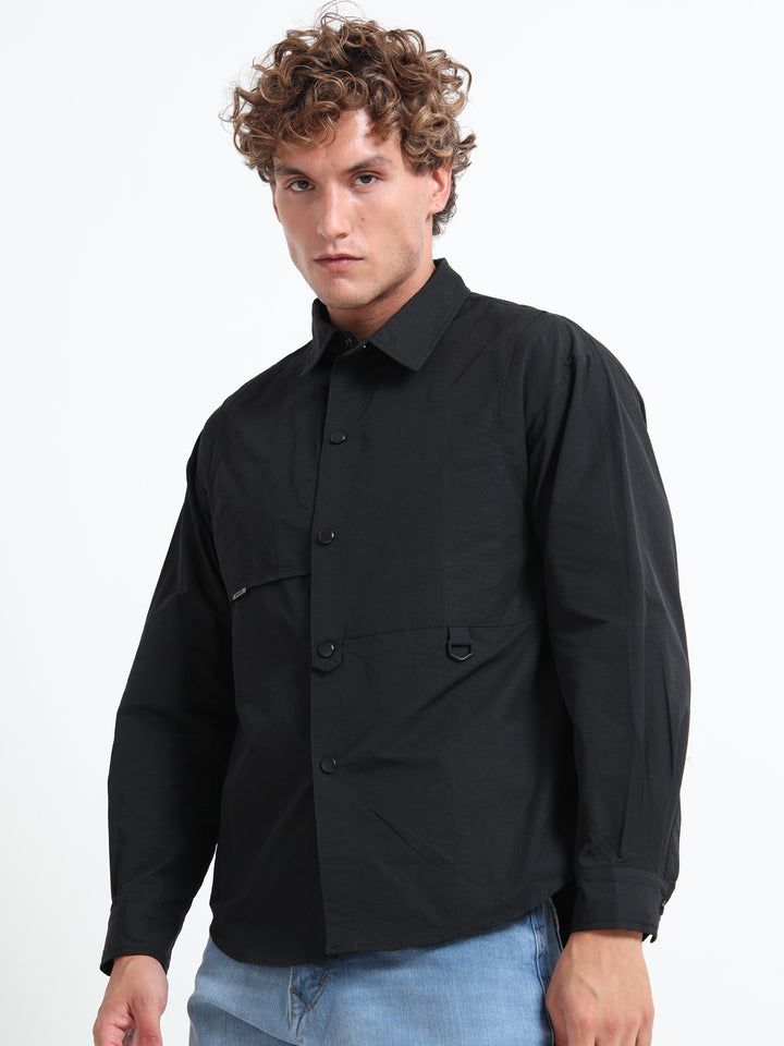 Lightweight Long Sleeve Snap-Front Overshirt – Black