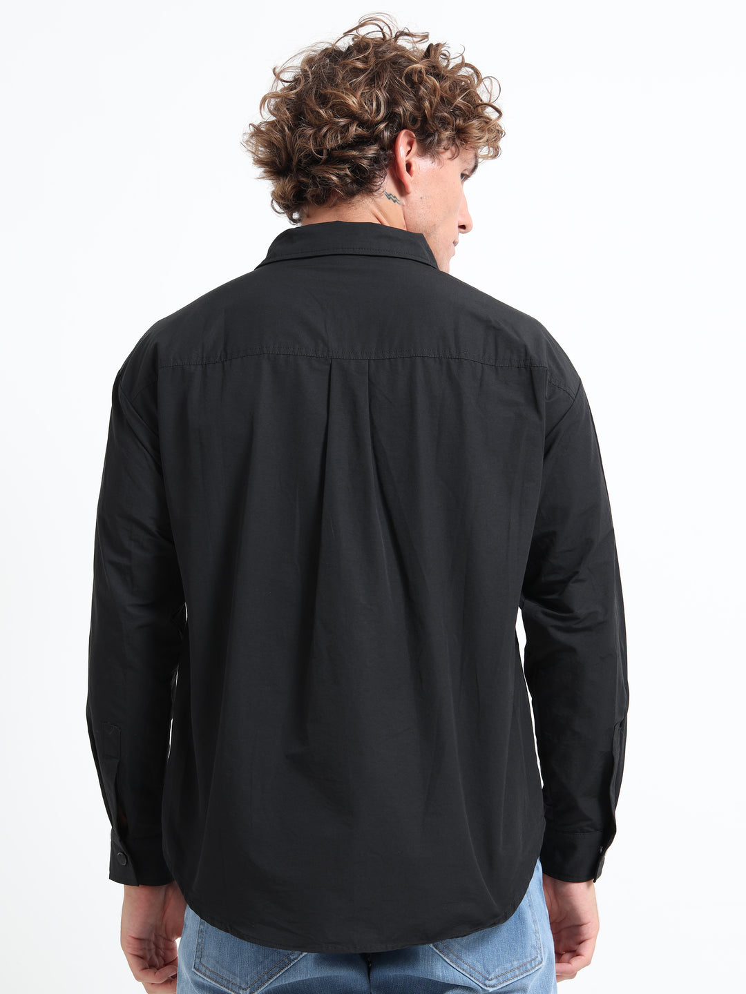 Lightweight Long Sleeve Snap-Front Overshirt – Black