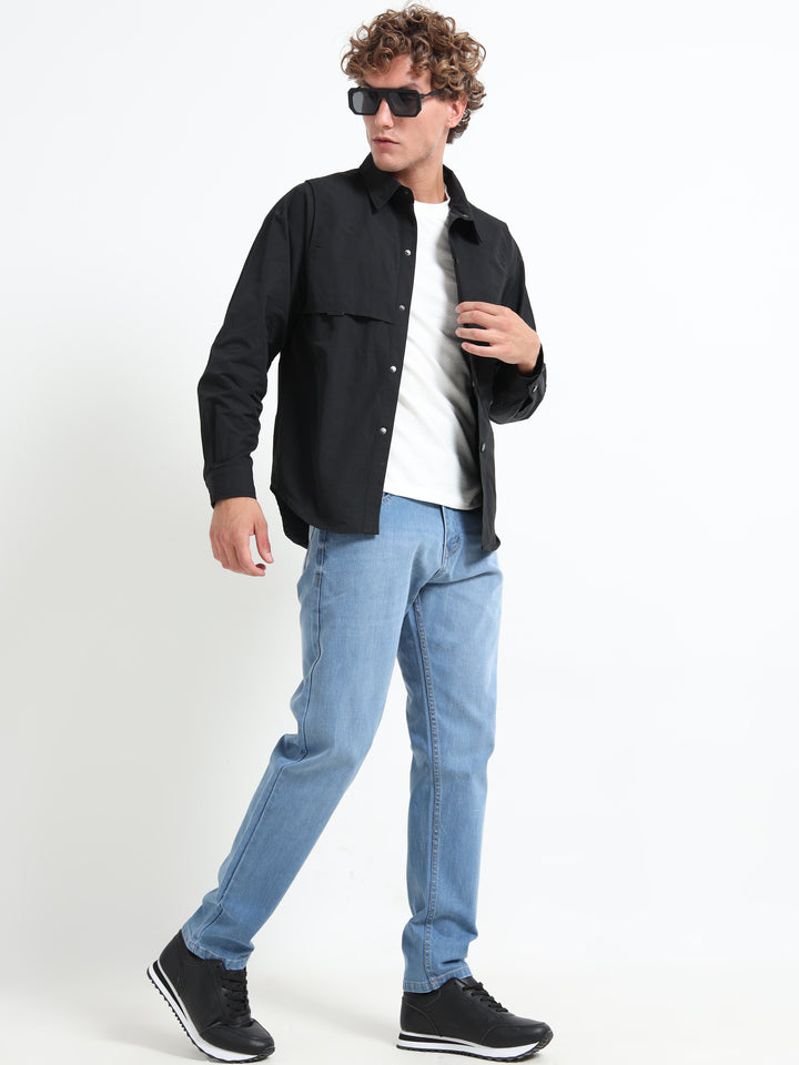 Lightweight Long Sleeve Snap-Front Overshirt – Black