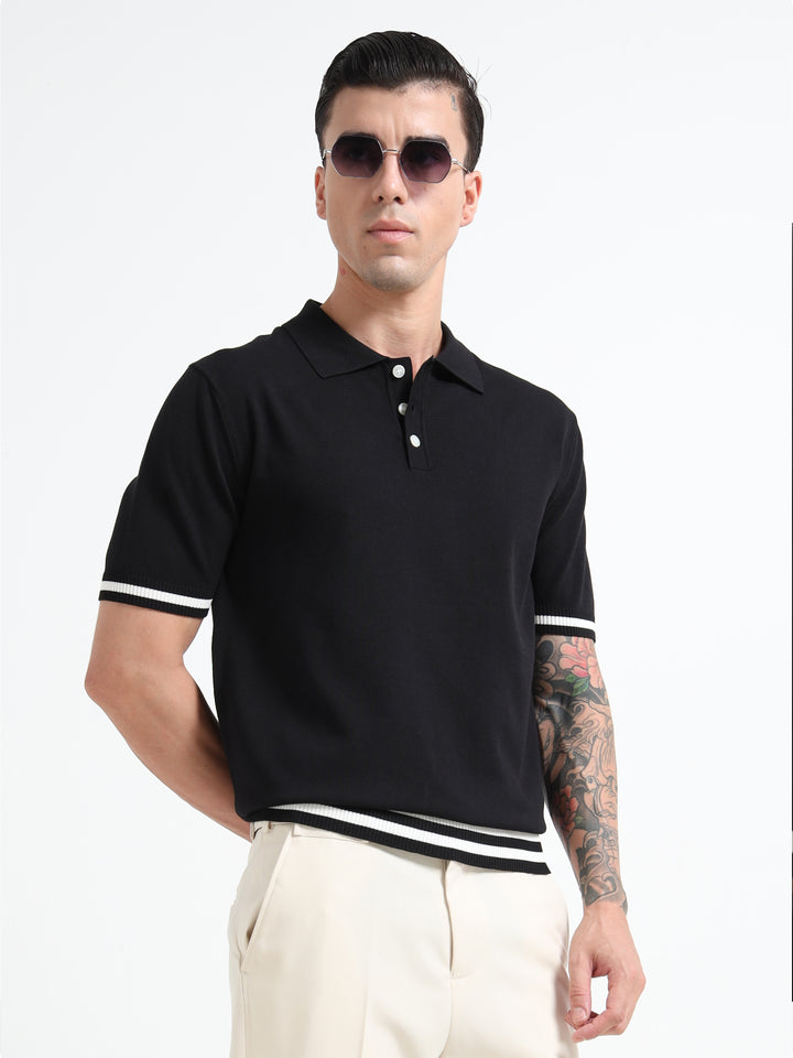 Men's Knitted Polo T Shirt - Black