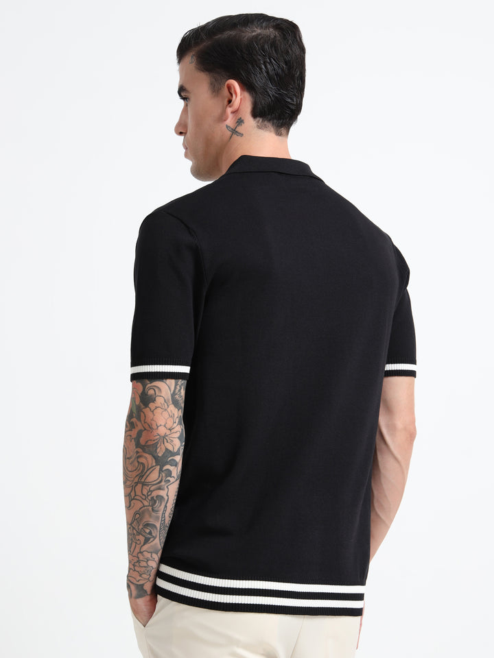 Men's Knitted Polo T Shirt - Black