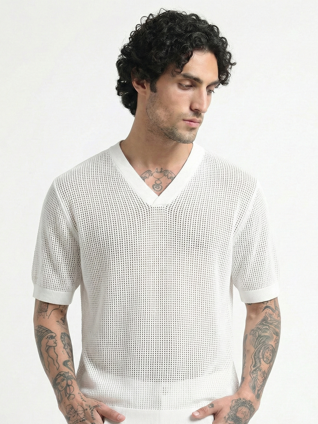 Textured V-Neck Pointelle Knit T-Shirt - White