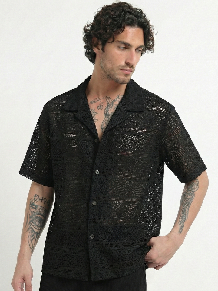 Crochet Lace Short Sleeve Cuban Collar Shirt - Black