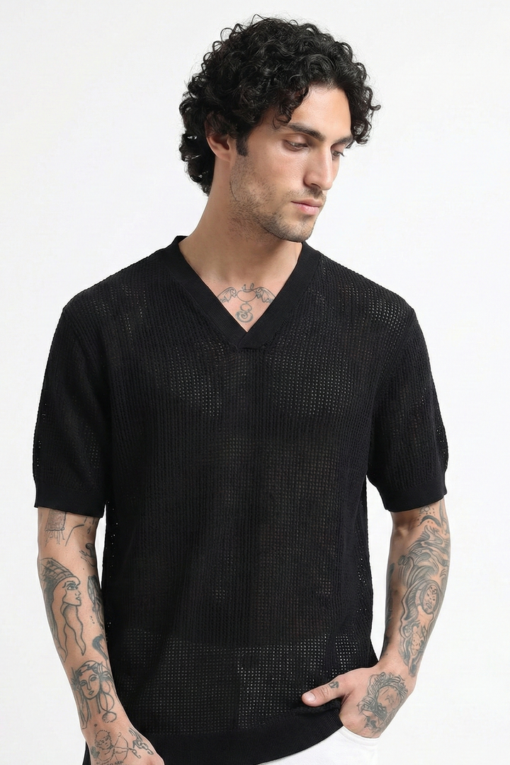 Textured V-Neck Pointelle Knit T-Shirt - Black