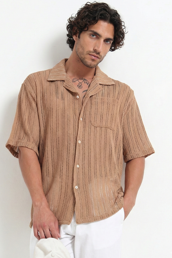 Vertical Stripe Crochet Mesh Shirt - Khaki