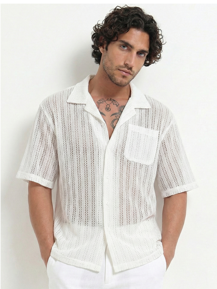 Vertical Stripe Crochet Mesh Shirt - White