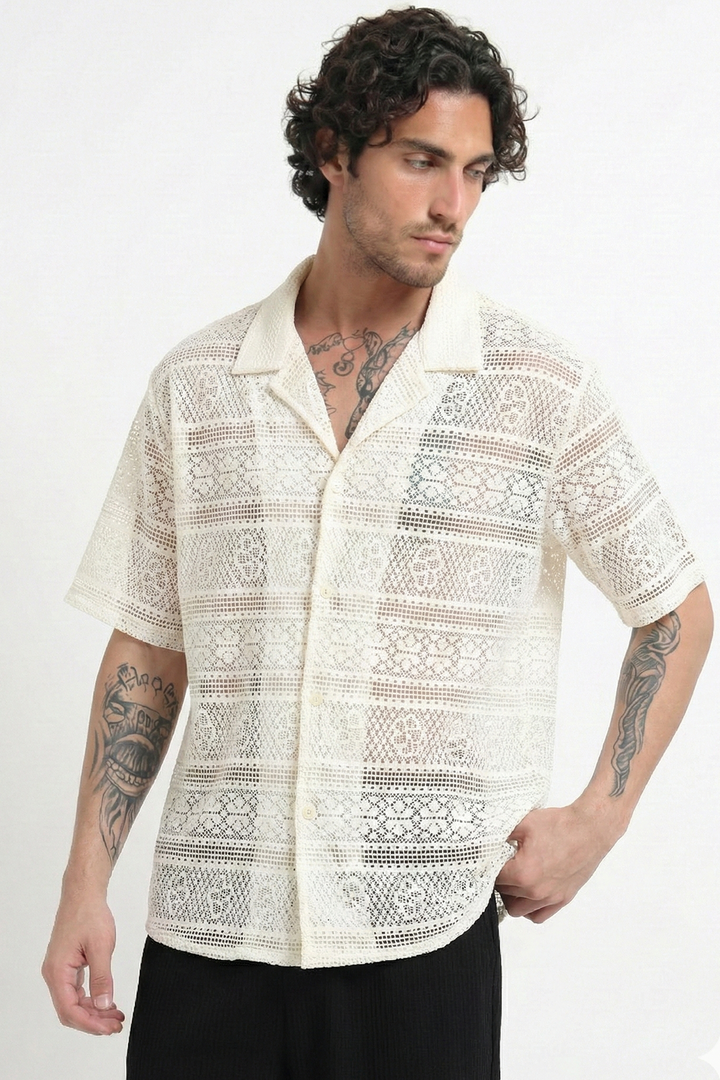 Crochet Lace Short Sleeve Cuban Collar Shirt - Beige