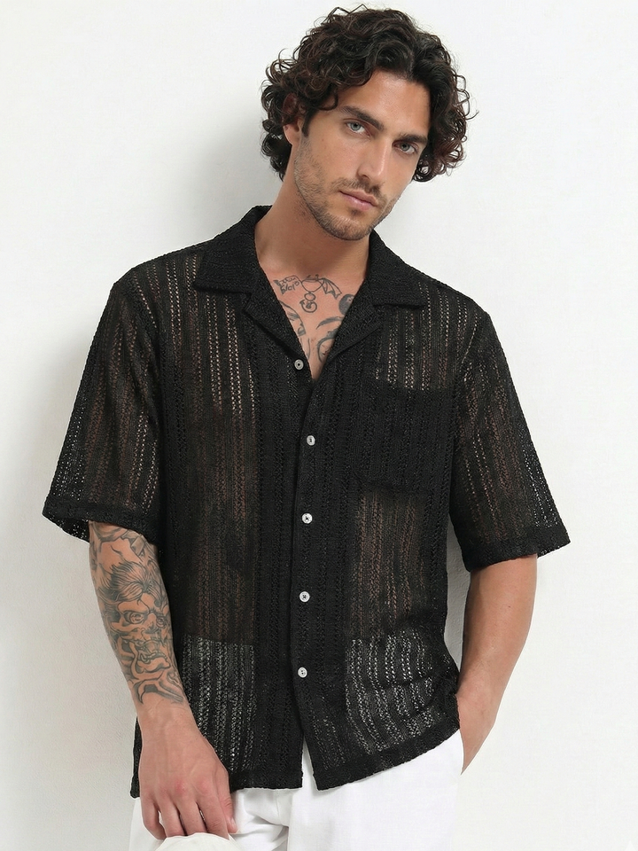 Vertical Stripe Crochet Mesh Shirt - Black