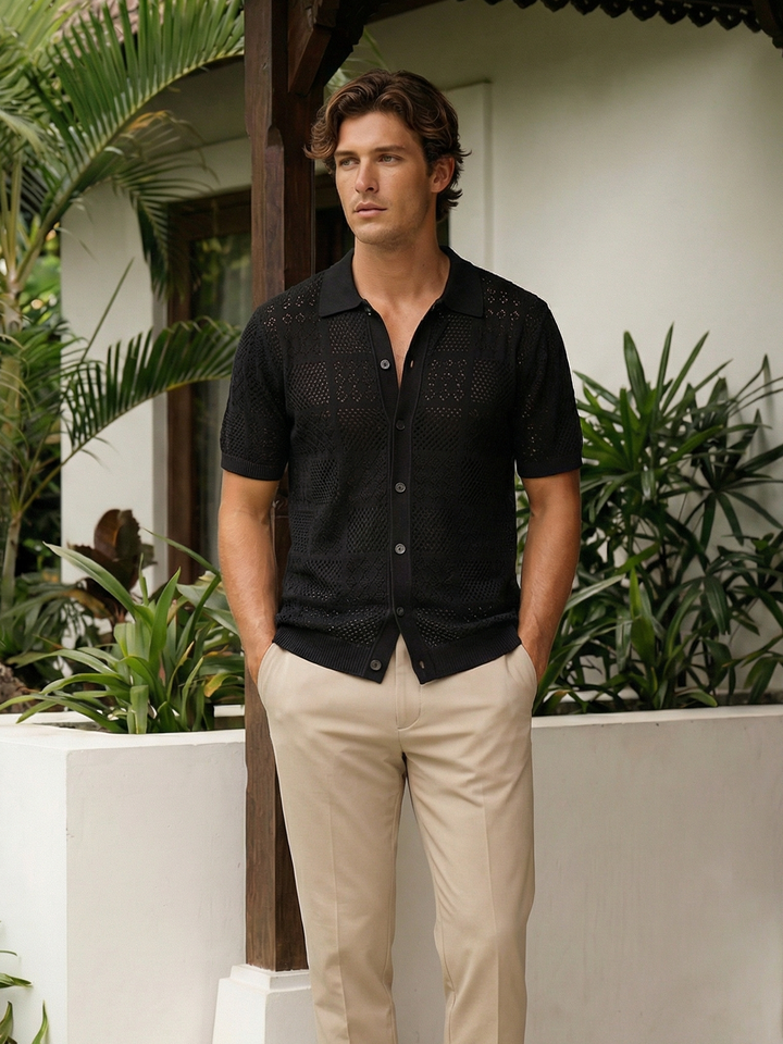 Arvello Textured Knit Polo – Black