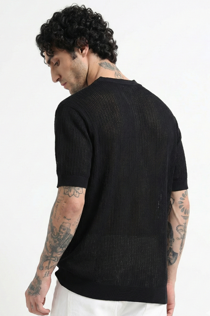 Textured V-Neck Pointelle Knit T-Shirt - Black