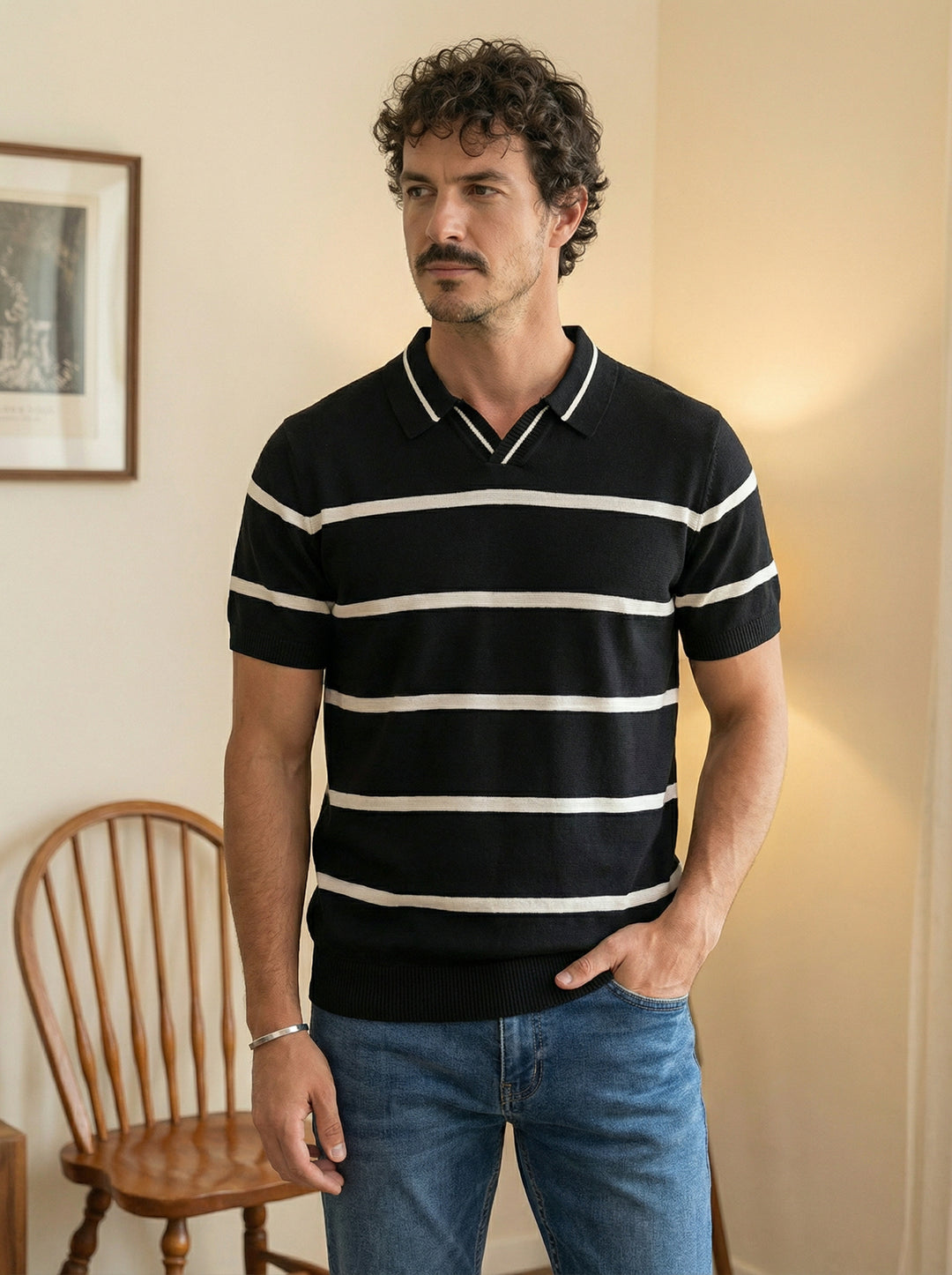 Elvain Stripe Knit Polo - Black