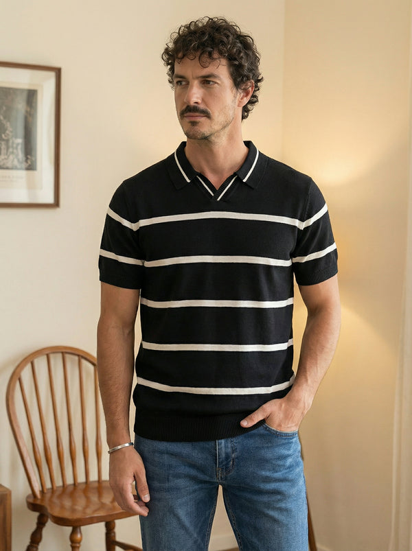 Elvain Stripe Knit Polo - Black