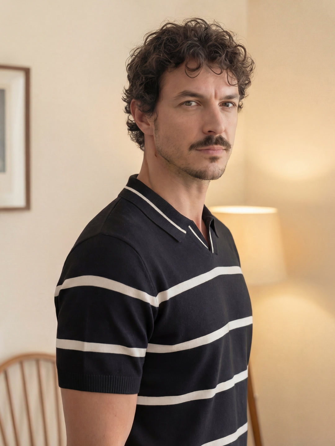 Elvain Stripe Knit Polo - Black