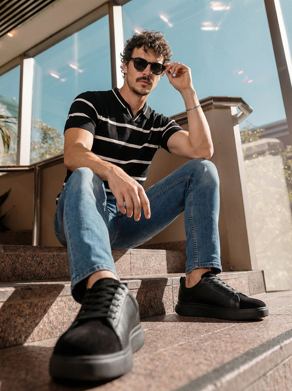 Elvain Stripe Knit Polo - Black