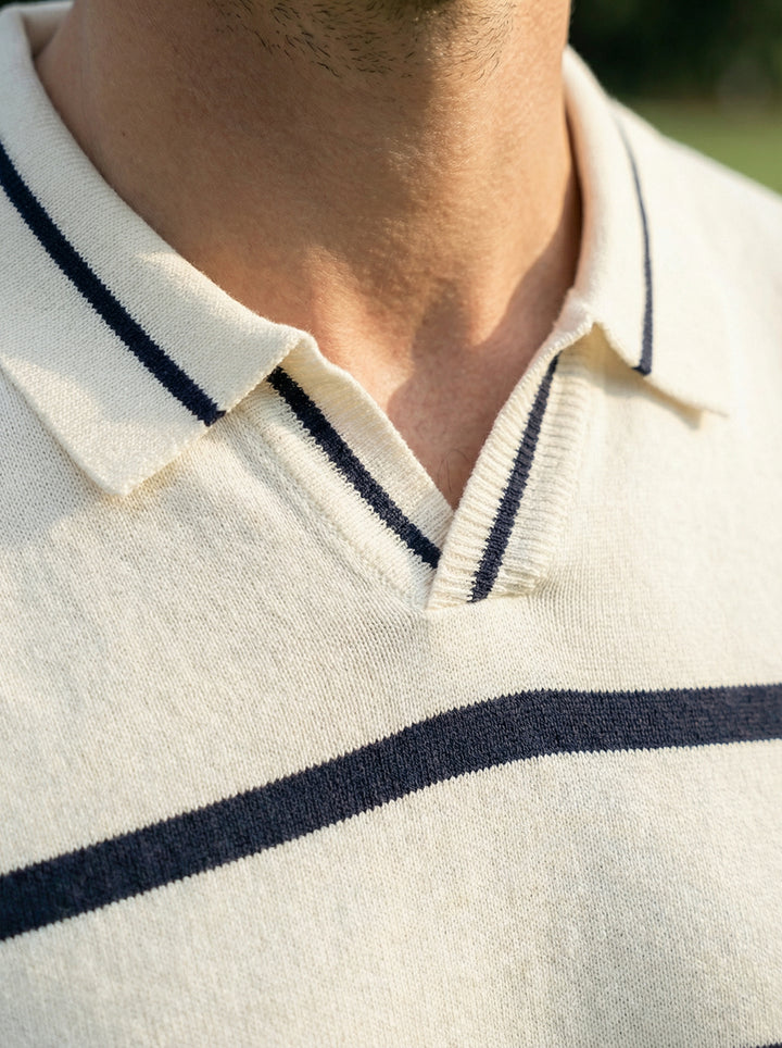 Elvain Stripe Knit Polo – Ivory