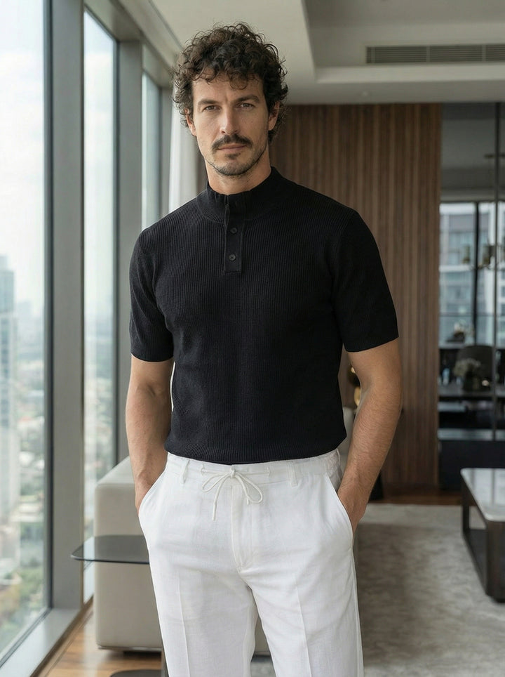 Cavero Ribbed Knit Polo – Black