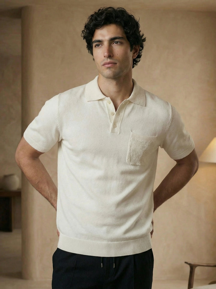 Lunaro Textured Pocket Knit Polo – Ivory