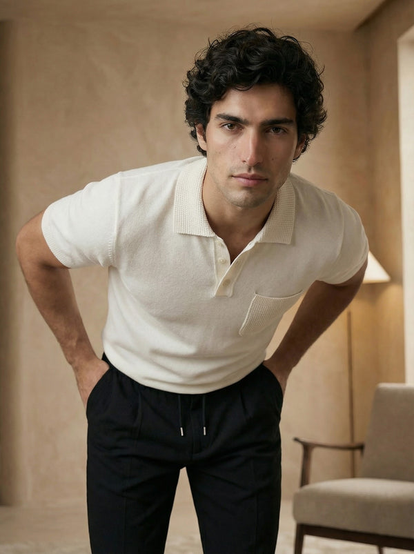 Lunaro Textured Pocket Knit Polo – Ivory