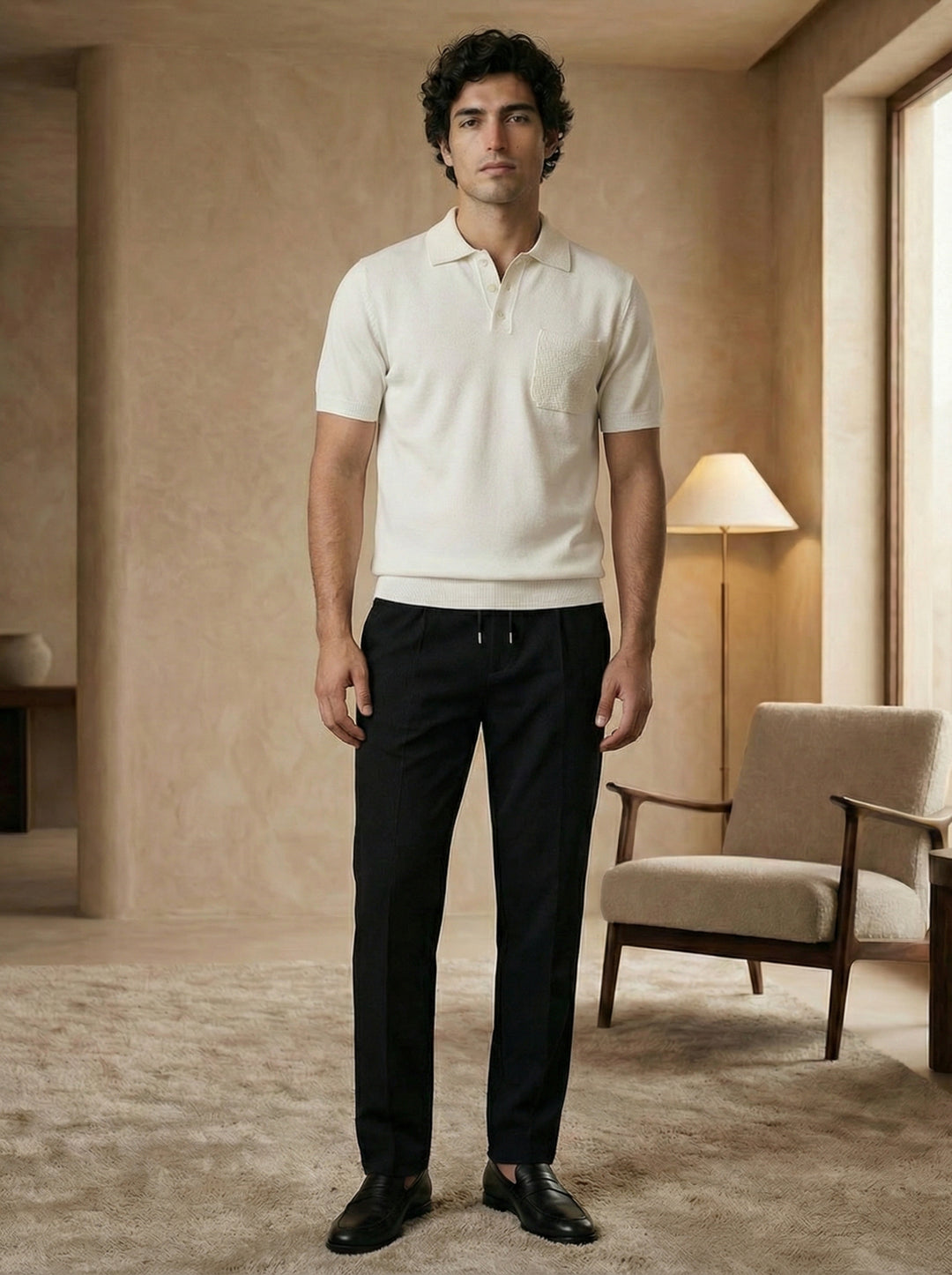 Lunaro Textured Pocket Knit Polo – Ivory