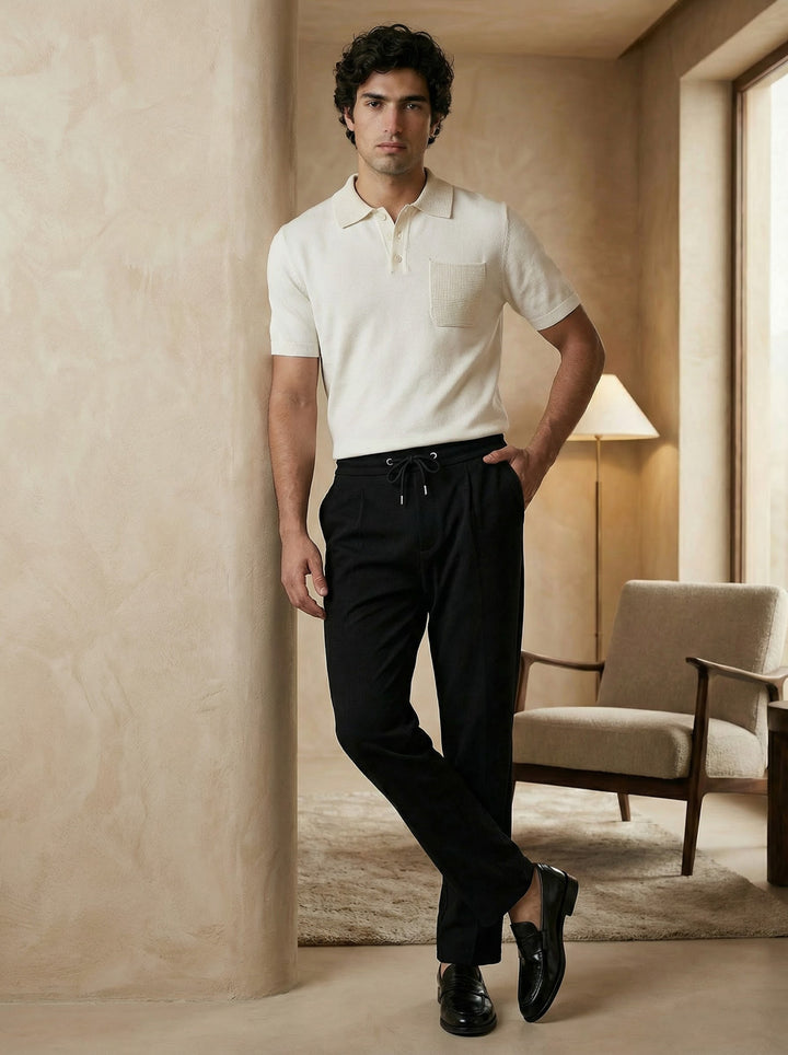 Lunaro Textured Pocket Knit Polo – Ivory
