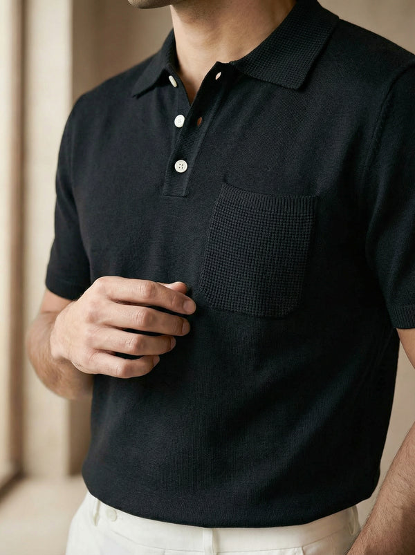 Lunaro Textured Pocket Knit Polo – Black