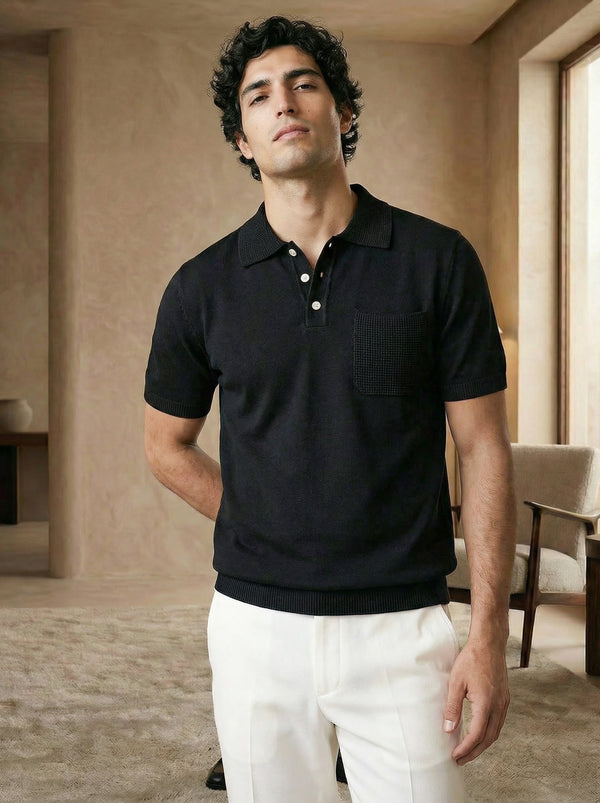 Lunaro Textured Pocket Knit Polo – Black