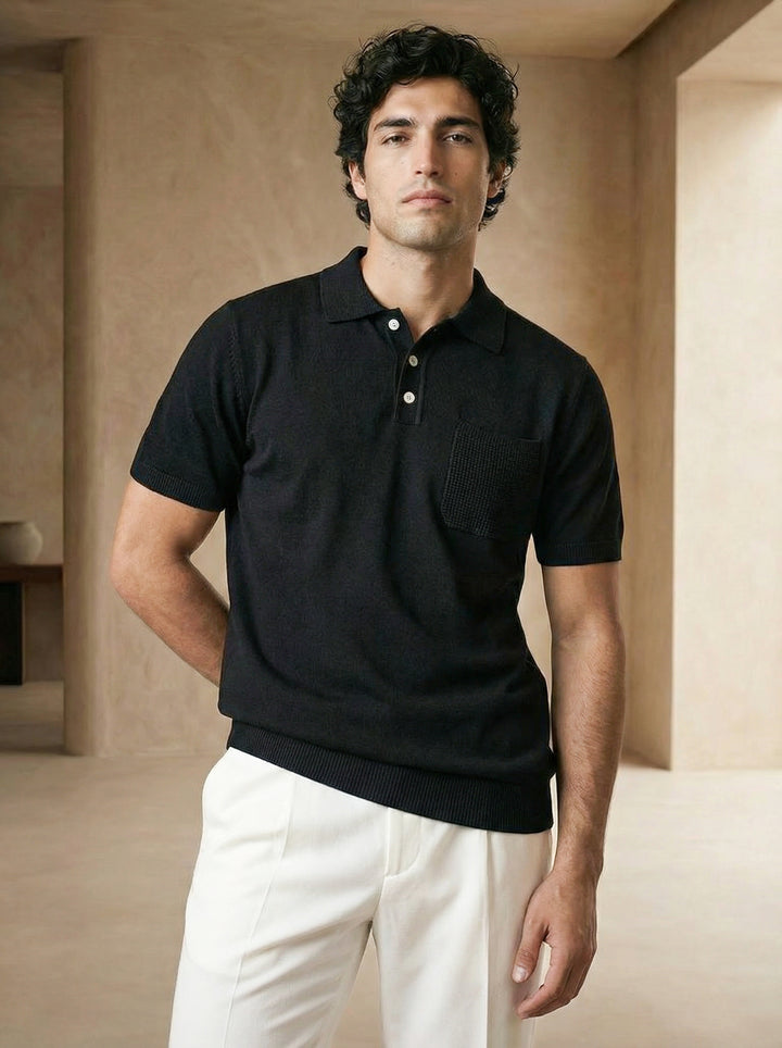 Lunaro Textured Pocket Knit Polo – Black