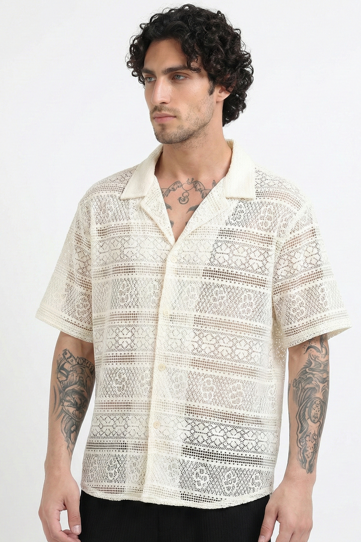 Crochet Lace Short Sleeve Cuban Collar Shirt - Beige
