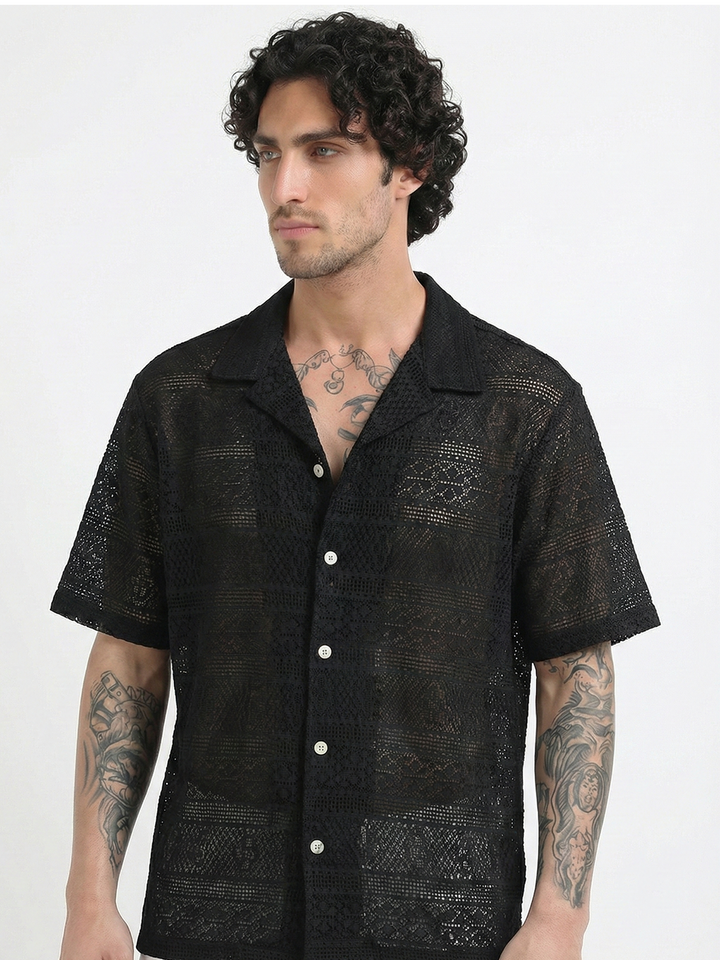 Crochet Lace Short Sleeve Cuban Collar Shirt - Black