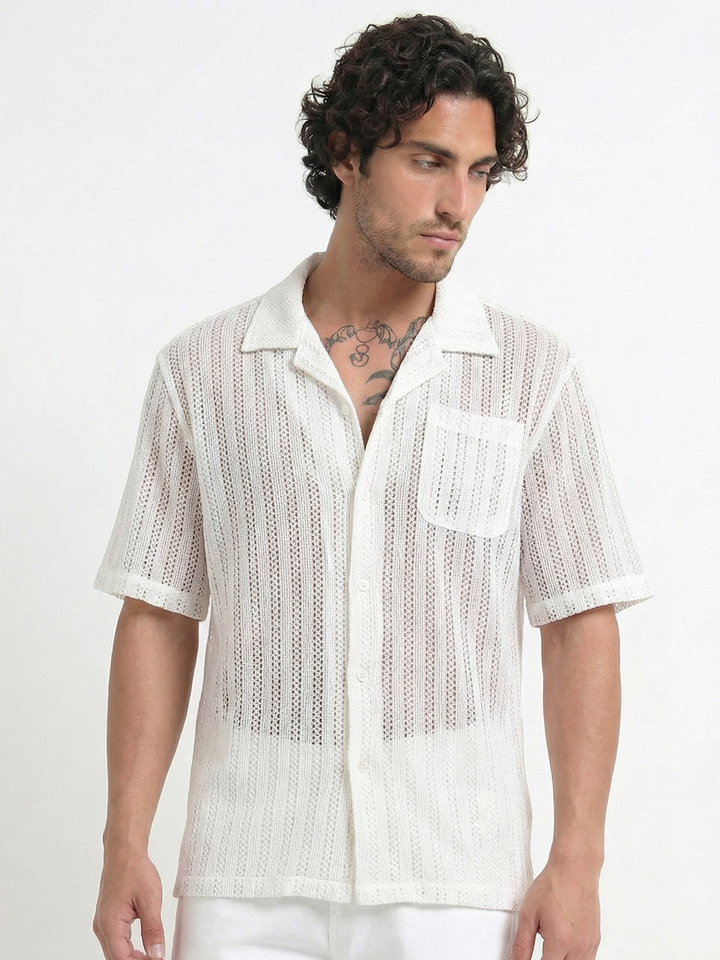 Vertical Stripe Crochet Mesh Shirt - White