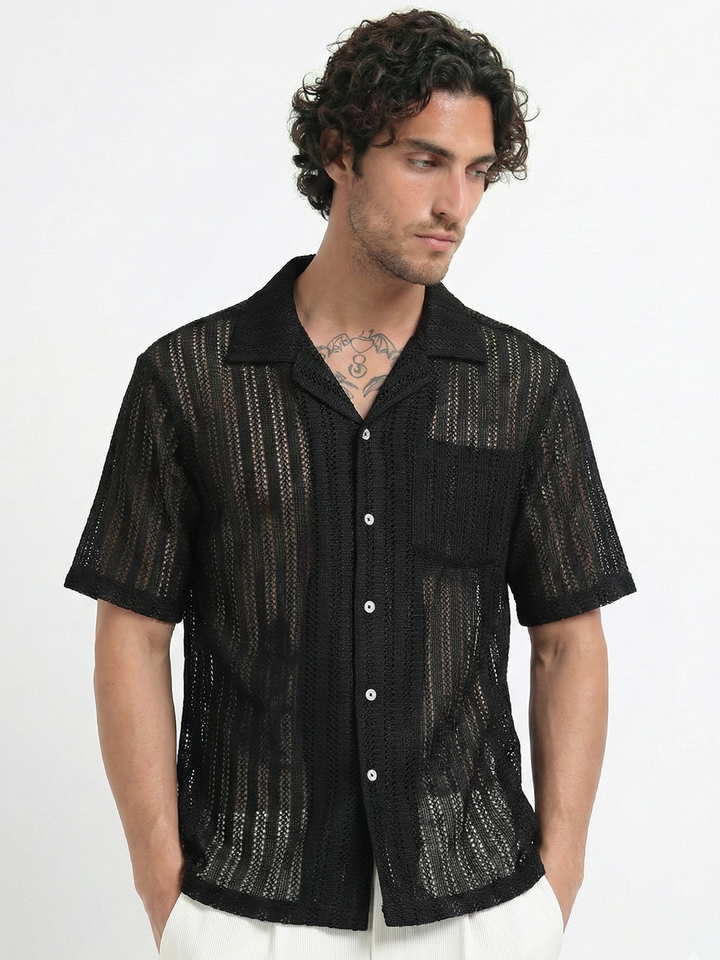 Vertical Stripe Crochet Mesh Shirt - Black