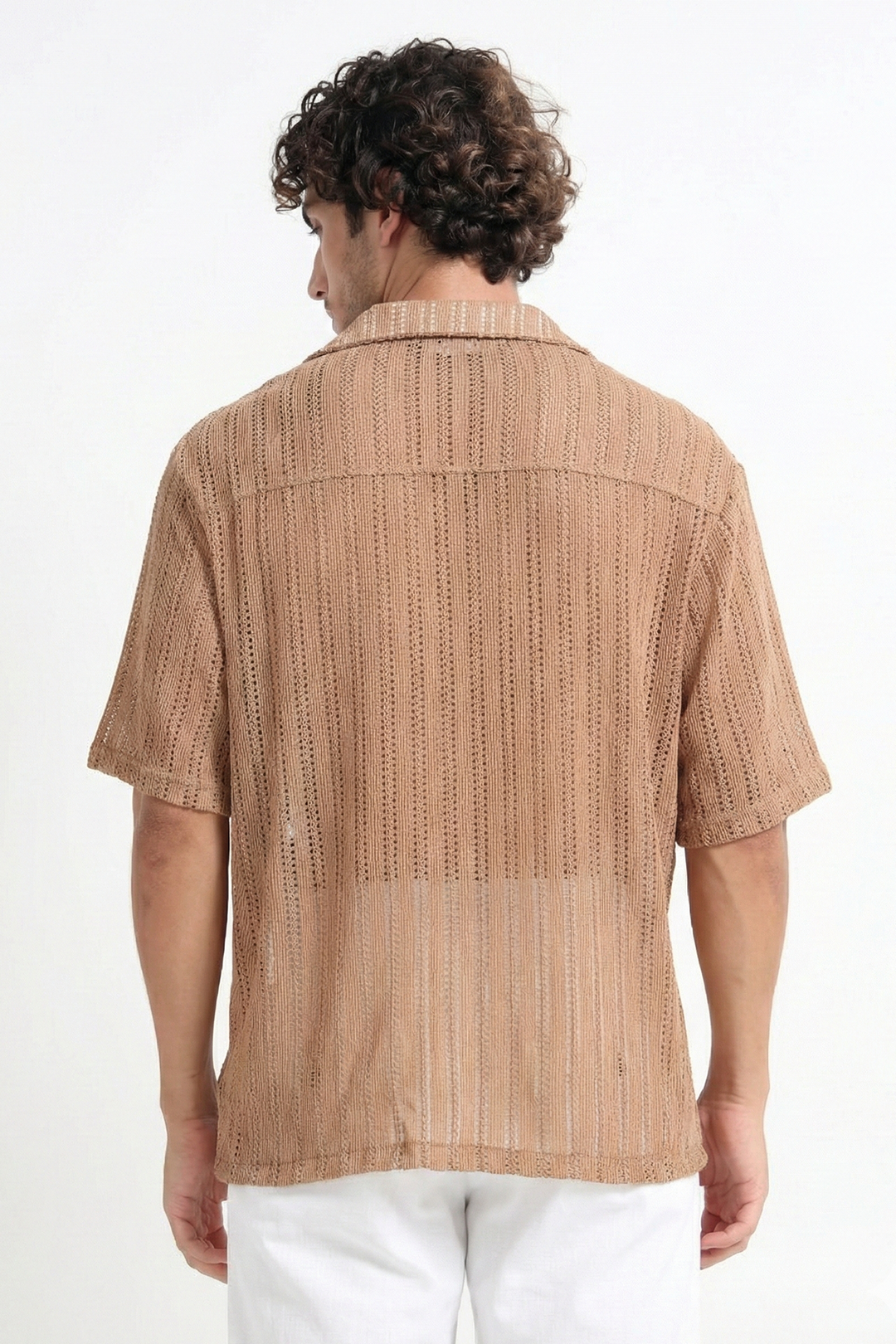 Vertical Stripe Crochet Mesh Shirt - Khaki