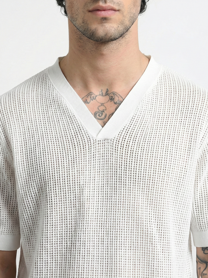 Textured V-Neck Pointelle Knit T-Shirt - White