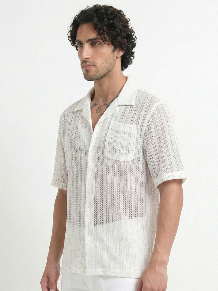 Vertical Stripe Crochet Mesh Shirt - White