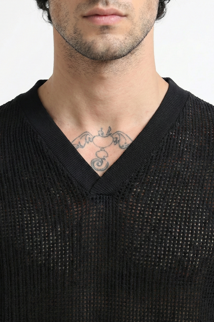 Textured V-Neck Pointelle Knit T-Shirt - Black