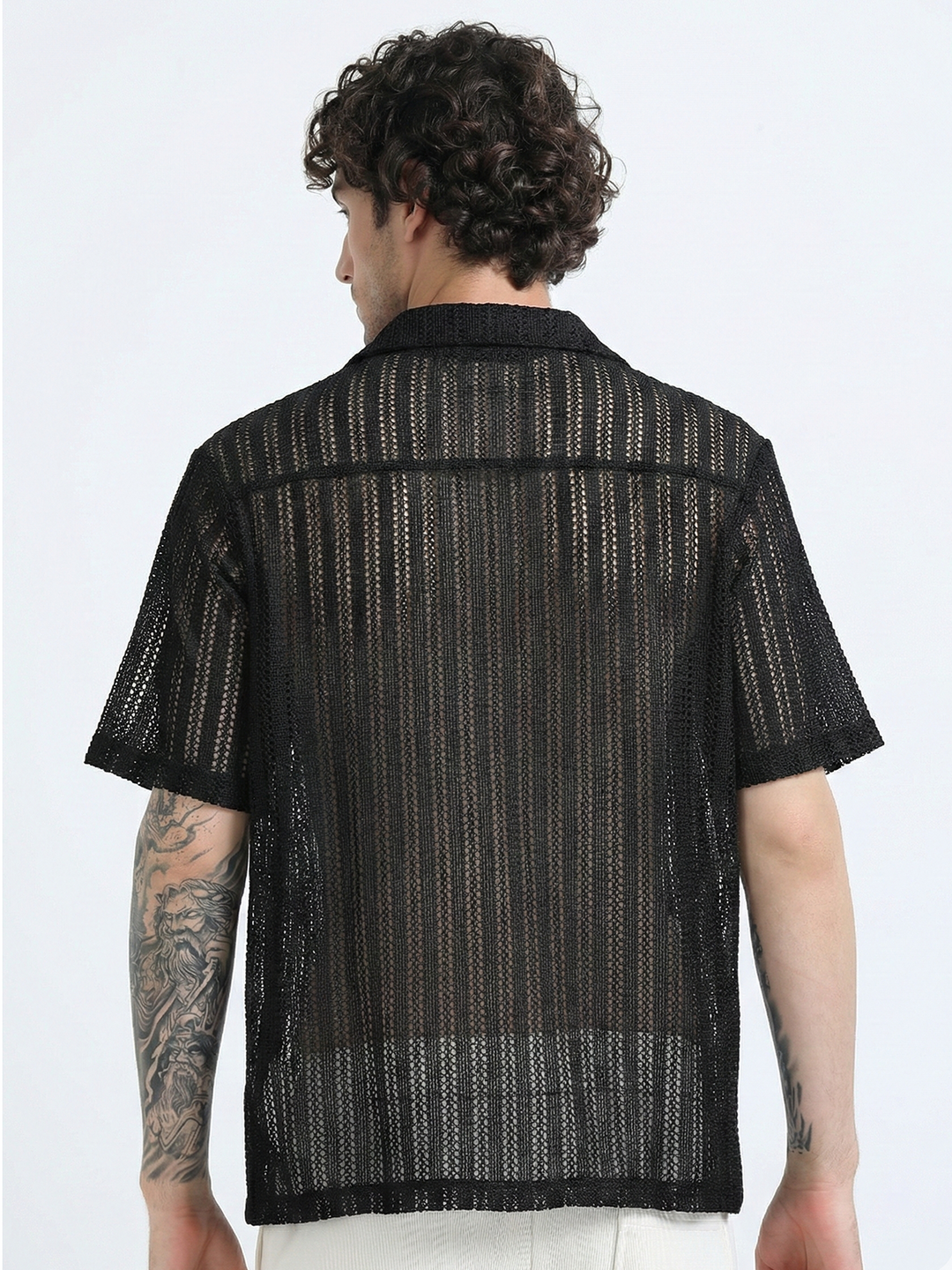 Vertical Stripe Crochet Mesh Shirt - Black