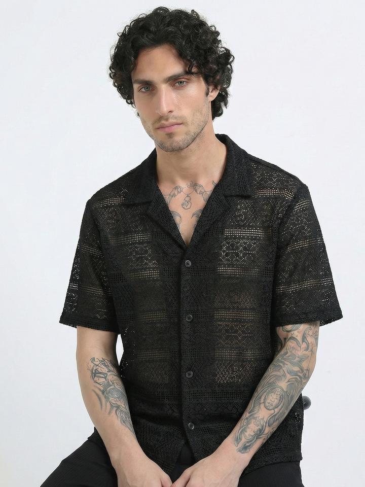 Crochet Lace Short Sleeve Cuban Collar Shirt - Black