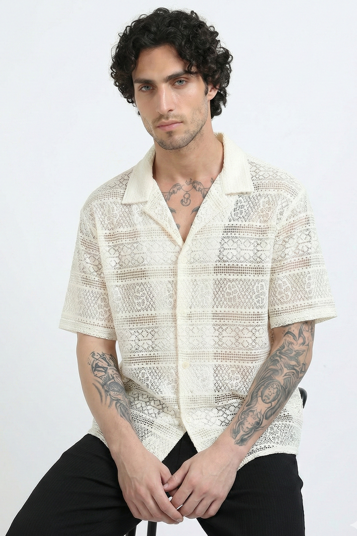 Crochet Lace Short Sleeve Cuban Collar Shirt - Beige