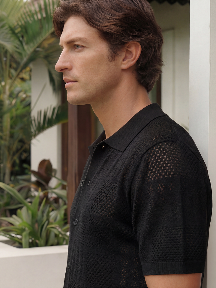 Arvello Textured Knit Polo – Black