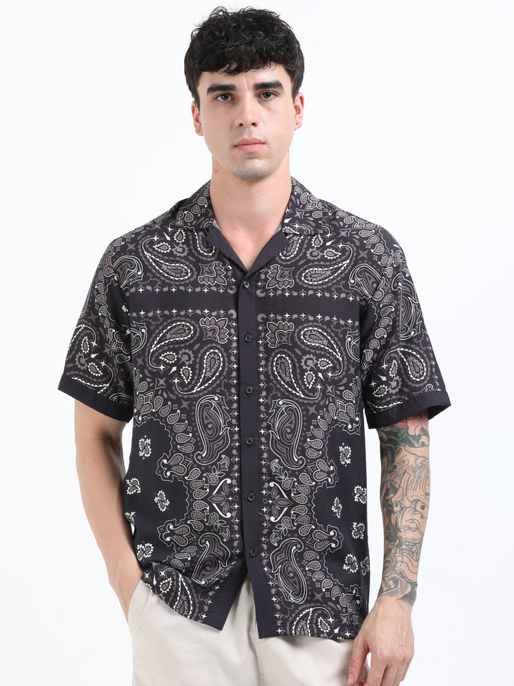 Black Paisley Printed Resort Shirt