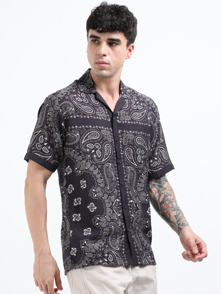 Black Paisley Printed Resort Shirt