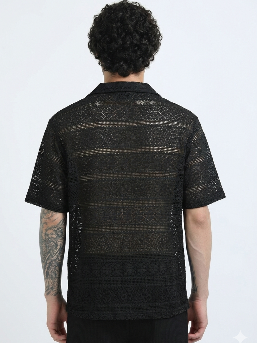 Crochet Lace Short Sleeve Cuban Collar Shirt - Black
