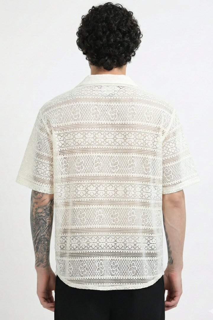 Crochet Lace Short Sleeve Cuban Collar Shirt - Beige